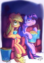 Size: 594x845 | Tagged: safe, artist:jowyb, applejack, starlight glimmer, twilight sparkle, twilight sparkle (alicorn), alicorn, earth pony, pony, cinema, drink, drinking, eating, female, food, mare, munching, popcorn, puffy cheeks, silhouette, sitting, starlight stalker, straw, twijack weekly, when you see it