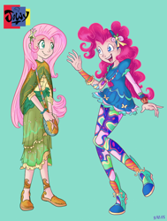 Size: 694x917 | Tagged: safe, artist:jowyb, fluttershy, pinkie pie, human, clothes, dress, duo, duo female, female, hairband, humanized, leggings, long skirt, looking at each other, shoes, skirt, waving