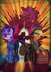 Size: 645x916 | Tagged: safe, artist:jowyb, applejack, king sombra, princess celestia, twilight sparkle, alicorn, earth pony, pony, unicorn, the cutie re-mark, alternate hairstyle, alternate timeline, armor, crystal war timeline, female, frown, future twilight, lesbian, mare, punklight sparkle, shipping, twijack, twijack weekly