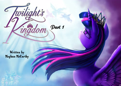 Size: 3508x2480 | Tagged: safe, artist:jowyb, applejack, discord, fluttershy, pinkie pie, princess cadance, princess celestia, princess luna, rainbow dash, rarity, spike, twilight sparkle, twilight sparkle (alicorn), alicorn, dragon, earth pony, pegasus, pony, unicorn, twilight's kingdom, alicorn tetrarchy, female, mane seven, mane six, mare, new crown, title card