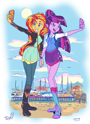 Size: 663x912 | Tagged: safe, artist:jowyb, sunset shimmer, twilight sparkle, equestria girls, alternate hairstyle, cellphone, clothes, female, harbor, holding hands, lesbian, open mouth, phone, selfie, shipping, smiling, sunsetsparkle, yacht