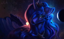 Size: 1600x970 | Tagged: safe, artist:lulemt, princess luna, alicorn, pony, crying, curved horn, detailed hair, female, hair over one eye, mare, moon, solo, space, stars, sun, tangible heavenly object