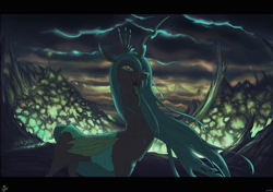 Size: 1273x898 | Tagged: safe, artist:jowyb, queen chrysalis, changeling, changeling queen, fangs, hive, open mouth, solo, tongue out