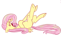 Size: 697x429 | Tagged: safe, artist:jowyb, part of a set, fluttershy, pegasus, pony, faic, jowybean's series, laughing, on back, open mouth, reaction image, simple background, solo, tongue out, white background