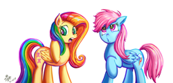 Size: 1962x940 | Tagged: safe, artist:jowyb, fluttershy, rainbow dash, pegasus, pony, female, mare, multicolored hair, palette swap, recolor, simple background
