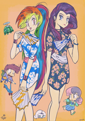 Size: 671x956 | Tagged: safe, artist:jowyb, opalescence, rainbow dash, rarity, scootaloo, sweetie belle, tank, human, anime, cheongsam, chibi, clothes, fan, humanized, manga, style emulation, takahashi rumiko