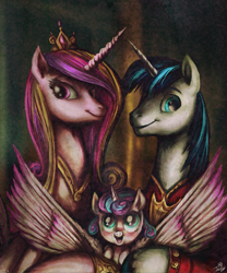 Size: 791x953 | Tagged: safe, artist:jowyb, princess cadance, princess flurry heart, shining armor, alicorn, pony, unicorn, spoiler:s06, blushing, family photo, majestic, open mouth, royal family, smiling, spread wings