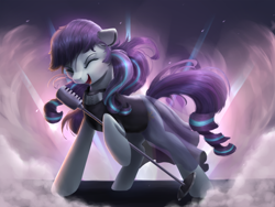 Size: 1000x750 | Tagged: safe, artist:vanillaghosties, coloratura, earth pony, pony, clothes, cute, eyes closed, female, hoof hold, mare, microphone, open mouth, rara, rarabetes, singing, solo, stage