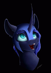 Size: 1750x2500 | Tagged: safe, artist:skitsroom, nightmare moon, alicorn, pony, black background, bust, fangs, female, helmet, looking up, mare, open mouth, portrait, simple background, slit eyes, solo