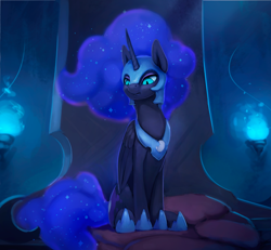 Size: 850x786 | Tagged: safe, artist:rodrigues404, nightmare moon, alicorn, pony, eyeshadow, female, helmet, makeup, mare, sitting, slit eyes, solo