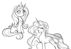 Size: 2554x1792 | Tagged: safe, artist:mn27, angel bunny, fluttershy, princess celestia, alicorn, pegasus, pony, rabbit, accessory swap, alicornified, eyes closed, female, jewelry, laughing, male, mare, monochrome, race swap, raised hoof, simple background, sketch, smiling, tiara, trio, white background