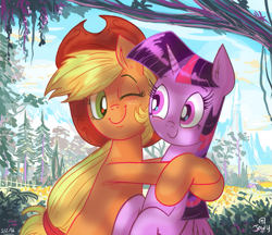 Size: 823x712 | Tagged: safe, artist:jowyb, applejack, twilight sparkle, twilight sparkle (alicorn), alicorn, earth pony, pony, female, forest, hug, lesbian, mare, shipping, twijack, twijack weekly