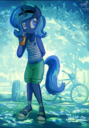 Size: 615x878 | Tagged: safe, artist:jowyb, princess luna, anthro, bicycle, clothes, drinking, filly, food, hairband, juice, juice box, sandals, shorts, solo, tanktop, woona, younger