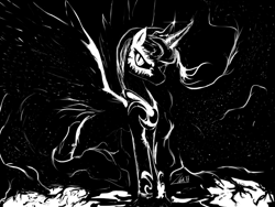 Size: 800x600 | Tagged: safe, artist:zoarvek, nightmare moon, princess luna, alicorn, pony, atg 2017, black and white, grayscale, monochrome, newbie artist training grounds, solo