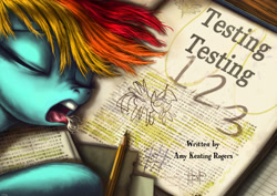 Size: 3508x2480 | Tagged: safe, artist:jowyb, rainbow dash, pegasus, pony, testing testing 1-2-3, amy keating rogers, drool, pencil, sleeping, solo, title card