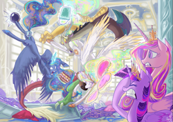 Size: 1169x826 | Tagged: safe, artist:jowyb, discord, princess cadance, princess celestia, princess luna, twilight sparkle, twilight sparkle (alicorn), alicorn, pony, ball and chain, cake, caught, color porn, cringing, discord being discord, ethereal mane, facehoof, female, food, gritted teeth, mare, sparkly mane, spread wings, starry mane, twilight is not amused, unamused, wings