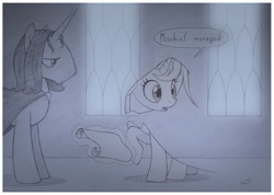 Size: 1063x758 | Tagged: safe, artist:sherwoodwhisper, oc, oc:eri, pony, unicorn, dialogue, duo, female, harry potter (series), invisibility, invisibility cloak, levitation, magic, male, marauder's map, mare, monochrome, ponified, scroll, severus snape, speech bubble, stallion, telekinesis, traditional art