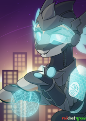 Size: 1500x2117 | Tagged: safe, artist:redchetgreen, oc, oc only, oc:kiva, pony, robot, robot pony, armor, building, city, female, hologram, looking at you, mare, night, smiling, solo, stars, tech armor, visor, ych result