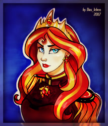 Size: 1024x1197 | Tagged: safe, artist:das_leben, sunset shimmer, human, clothes, crown, ear piercing, earring, female, humanized, jewelry, lipstick, looking at you, piercing, queen, regalia, solo