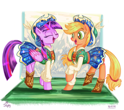 Size: 816x721 | Tagged: safe, artist:jowyb, applejack, twilight sparkle, twilight sparkle (alicorn), alicorn, earth pony, pony, clothes, cute, dancing, female, jackabetes, lesbian, mare, open mouth, raised hoof, shipping, square dance, twiabetes, twijack, twijack weekly