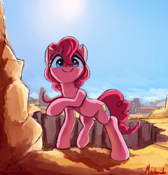 Size: 1400x1460 | Tagged: safe, artist:miokomata, pinkie pie, earth pony, pony, canyon, cute, desert, diapinkes, female, looking at you, mare, pointing, raised hoof, scenery, smiling, solo, sun