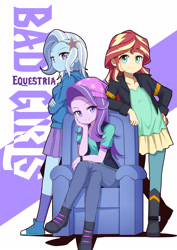 Size: 2590x3663 | Tagged: safe, artist:caibaoreturn, starlight glimmer, sunset shimmer, trixie, equestria girls, anime, beanie, beautiful, boots, chair, clothes, converse, counterparts, crossed arms, crossed legs, cute, female, hat, hoodie, jacket, leaning, leather jacket, looking at you, magical trio, moe, shoes, sitting, skirt, smiling, socks, trio, twilight's counterparts