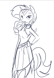 Size: 547x784 | Tagged: safe, artist:jowyb, sunset shimmer, anthro, plantigrade anthro, clothes, dress, monochrome, sketch, solo