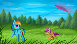 Size: 2547x1460 | Tagged: safe, artist:breakdream, rainbow dash, scootaloo, pegasus, pony, duo, eyes closed, female, filly, fluffy, grass, kite, looking back, mare, mouth hold, raised hoof, scootalove, sky, smiling, tree, windy