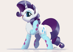 Size: 2500x1787 | Tagged: safe, artist:ncmares, rarity, pony, unicorn, atg 2017, chest fluff, clothes, female, mare, newbie artist training grounds, open mouth, signature, simple background, socks, solo, updated