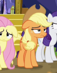 Size: 391x497 | Tagged: safe, screencap, applejack, fluttershy, rarity, earth pony, pegasus, pony, unicorn, fame and misfortune, animated, facehoof, floppy ears, gif, reaction image
