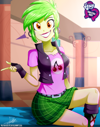 Size: 920x1160 | Tagged: safe, artist:the-butch-x, part of a set, cherry crash, equestria girls, background human, boots, breasts, busty cherry crash, butch's hello, clothes, cute, ear piercing, earring, equestria girls logo, female, fingerless gloves, gloves, hello x, jewelry, leather vest, looking at you, miniskirt, piercing, plaid skirt, rocker, shoes, sitting, skirt, smiling, solo, thighs
