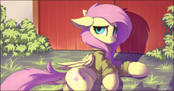 Size: 1677x877 | Tagged: safe, artist:ramiras, fluttershy, pegasus, pony, fame and misfortune, bottomless, clothes, cute, dock, featured image, female, floppy ears, grass, looking back, mare, partial nudity, plot, scene interpretation, shyabetes, solo, sweater, sweatershy, wallpaper
