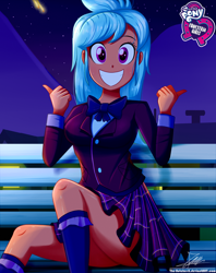 Size: 920x1160 | Tagged: safe, artist:the-butch-x, part of a set, frosty orange, equestria girls, friendship games, background human, bowtie, butch's hello, clothes, crystal prep academy uniform, cute, female, grin, hello x, looking at you, night, plaid skirt, pleated skirt, school uniform, schrödinger's pantsu, sitting, skirt, smiling, solo, thighs