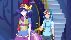 Size: 1280x720 | Tagged: safe, artist:jonfawkes, rainbow dash, rarity, human, fame and misfortune, clothes, elf ears, fingerless gloves, floppy ears, gloves, hoodie, humanized, multicolored hair, scene interpretation, stress couture, unicorns as elves, wing ears