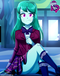 Size: 920x1160 | Tagged: safe, artist:the-butch-x, part of a set, cold forecast, equestria girls, friendship games, ass, background human, big breasts, bowtie, breasts, busty cold forecast, butch's hello, butt, clothes, cold forec-ass, crystal prep academy uniform, equestria girls logo, female, hello x, kneesocks, looking at you, plaid skirt, pleated skirt, raised eyebrow, school uniform, schrödinger's pantsu, skirt, skirt lift, socks, solo, thighs, unamused, under skirt, unimpressed, upskirt denied