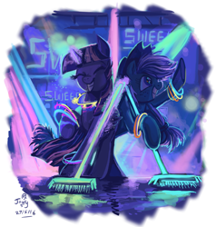 Size: 784x825 | Tagged: safe, artist:jowyb, applejack, twilight sparkle, twilight sparkle (alicorn), alicorn, earth pony, pony, the saddle row review, broom, female, lesbian, mare, party, shipping, sweeping, sweepsweepsweep, twijack, twijack weekly, twilight sweeple