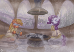 Size: 1235x875 | Tagged: safe, artist:jowyb, applejack, rarity, earth pony, pony, unicorn, applejack's "day" off, bathrobe, clothes, duo, eyes closed, fixing, goggles, hoof hold, licking, licking lips, pipe (plumbing), robe, sauna, signature, sitting, spa, steam, steam room, tongue out, workaholic, wrench
