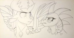 Size: 1024x531 | Tagged: safe, artist:evergreen-gemdust, dragon lord ember, princess ember, thorax, changedling, changeling, dragon, triple threat, confrontation, cute, emberbetes, king thorax, looking at each other, monochrome, sketch, thorabetes, traditional art
