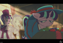 Size: 1339x912 | Tagged: safe, artist:jowyb, applejack, snowfall frost, spirit of hearth's warming past, starlight glimmer, earth pony, pony, a hearth's warming tail, clothes, glasses, hat, scene interpretation, top hat