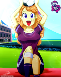 Size: 920x1160 | Tagged: safe, artist:the-butch-x, part of a set, orange sherbette, equestria girls, athletic tape, background human, ball, breasts, busty orange sherbette, butch's hello, clothes, cute, female, hello x, leg band, looking at you, open mouth, shorts, sitting, smiling, solo, sports, sweat