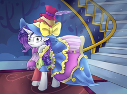 Size: 1160x859 | Tagged: safe, artist:tcn1205, rarity, pony, unicorn, fame and misfortune, clothes, female, mare, scene interpretation, solo, stairs, stress couture