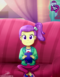 Size: 920x1160 | Tagged: safe, artist:the-butch-x, part of a set, lily pad (equestria girls), equestria girls, equestria girls series, pinkie sitting, butch's hello, clothes, crossed legs, cute, equestria girls logo, female, hello x, looking at you, raised eyebrow, sitting, sofa, solo, stranger danger