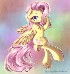 Size: 2000x2100 | Tagged: safe, artist:chaosangeldesu, fluttershy, pegasus, pony, semi-anthro, abstract background, cute, female, flying, hair over one eye, looking at you, mare, one eye closed, shyabetes, smiling, solo, spread wings, underhoof, wings, wink