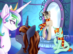 Size: 2700x2000 | Tagged: safe, artist:mailner, princess celestia, alicorn, pony, unicorn, blue eyes, blushing, clothes, crossover, green eyes, harry potter, hermione granger, mirror, palace, ron weasley, scarf, smiley face