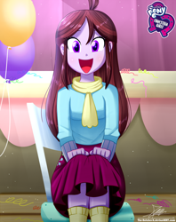 Size: 920x1160 | Tagged: safe, artist:the-butch-x, part of a set, velvet sky, equestria girls, :d, background human, balloon, butch's hello, clothes, cute, equestria girls logo, female, hello x, looking at you, open mouth, scarf, sitting, smiling, solo