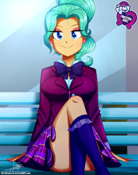 Size: 920x1160 | Tagged: safe, artist:the-butch-x, part of a set, garden grove, equestria girls, friendship games, adorasexy, background human, bench, big breasts, breasts, busty garden grove, butch's hello, clothes, crossed legs, crystal prep academy uniform, cute, equestria girls logo, female, grin, hello x, kneesocks, legs, looking at you, plaid skirt, pleated skirt, ponytail, school uniform, schrödinger's pantsu, sexy, sitting, skirt, smiling, socks, solo, thighs, upskirt denied