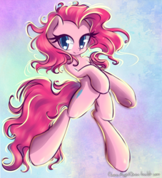 Size: 2000x2200 | Tagged: safe, artist:chaosangeldesu, pinkie pie, earth pony, pony, bipedal, female, frizzy hair, looking at you, mare, smiling, solo, underhoof