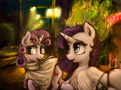 Size: 3867x2900 | Tagged: safe, artist:plotcore, rarity, sweetie belle, pony, unicorn, atg 2017, clothes, female, mare, newbie artist training grounds, night, smiling, streetlight