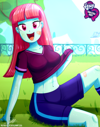 Size: 920x1160 | Tagged: safe, artist:the-butch-x, part of a set, melon mint, equestria girls, abs, background human, bandaid, belly button, big breasts, breasts, busty melon mint, butch's hello, clothes, crystal prep shadowbolts, equestria girls logo, female, grass, hello x, looking at you, midriff, open mouth, outdoors, school uniform, shirt, shirt lift, shorts, sitting, smiling, socks, solo, sports, sports shorts, sweat, tree, uniform