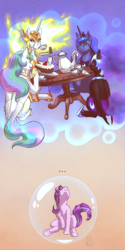 Size: 1350x2700 | Tagged: safe, artist:mykegreywolf, daybreaker, nightmare moon, princess celestia, princess luna, starlight glimmer, alicorn, pony, a royal problem, ..., bubble, cake, clothes, crown, cup, dream, duality, everything went better than expected, female, food, force field, helmet, jewelry, levitation, looking up, magic, mare, regalia, royal sisters, smiling, tea party, teacup, teapot, telekinesis, uniform